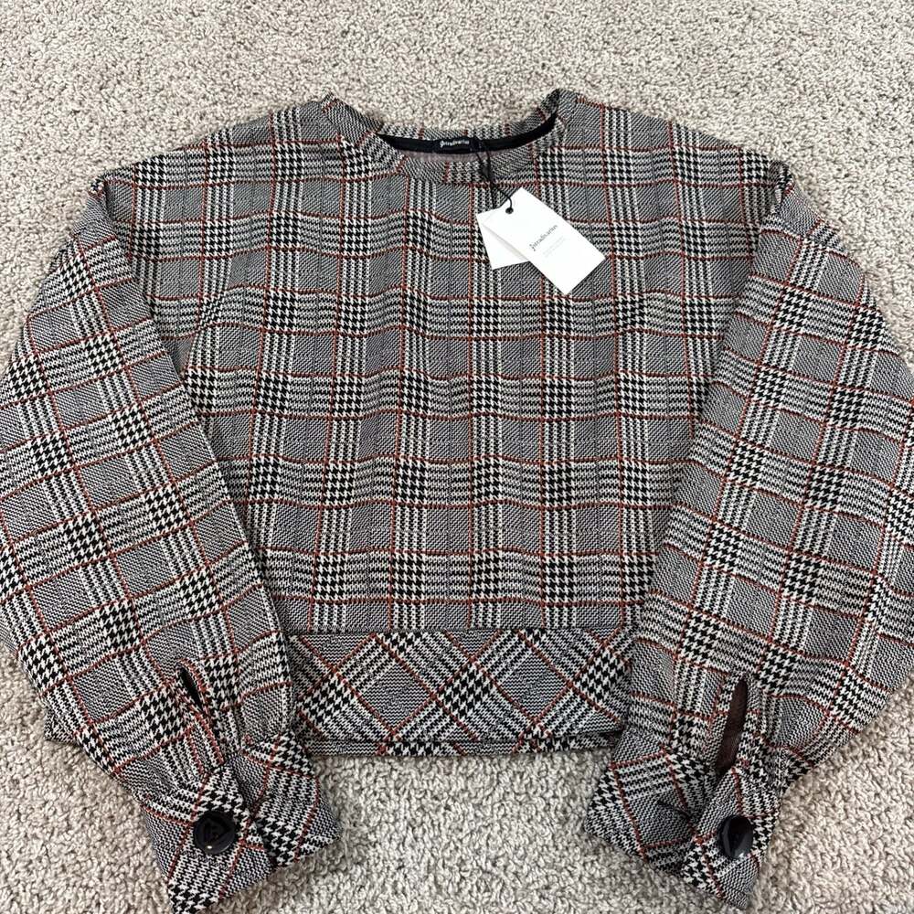 Stradivarius Womens Large Plaid Cropped Blouse Balloon Sleeve Check Top NWT
